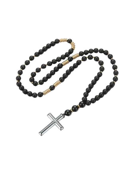 Black Beaded Cross Necklace for Men