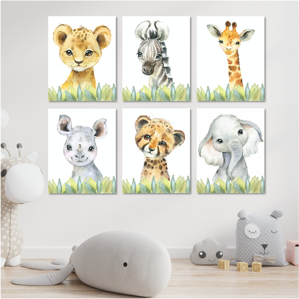 Safari Animals in Green Grass - 40cm x 50cm -6 Set
