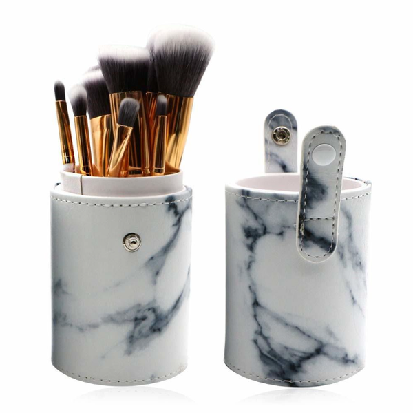10 Pcs Marble Makeup Brushes Set With Leather Holder