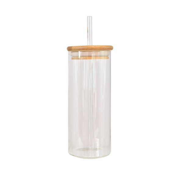 Glass Water Tumbler with Bamboo Lid and Glass Straw - BPA Free
