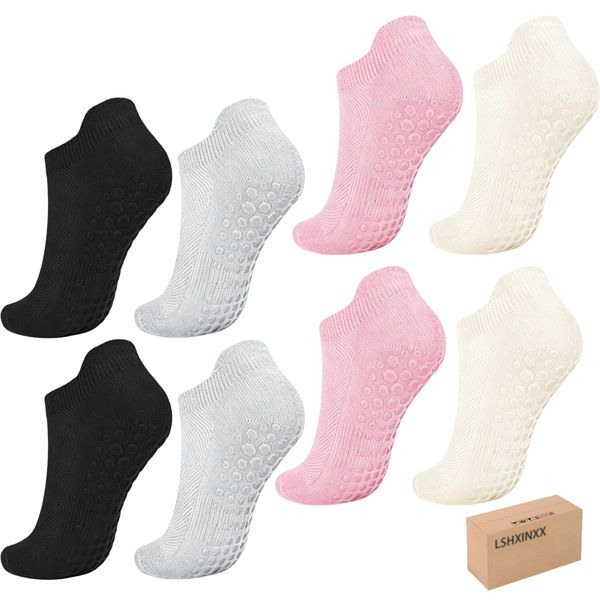 4 Pack Pilates Socks for Women Non Slip Grip Socks for Yoga,Barre, Hospital