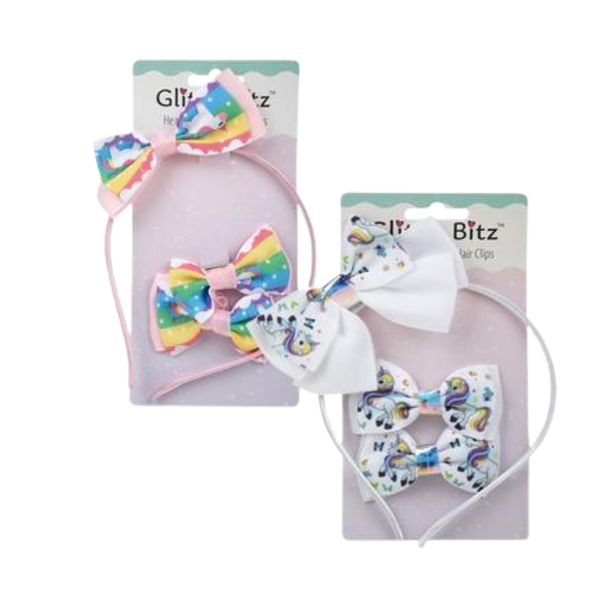 Hair Band Alice Band Bow &amp; Clips Unicorn - 2 Pack