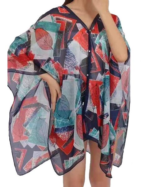 Ladies Kaftan Satin Silk Floral - Red/Turquoise