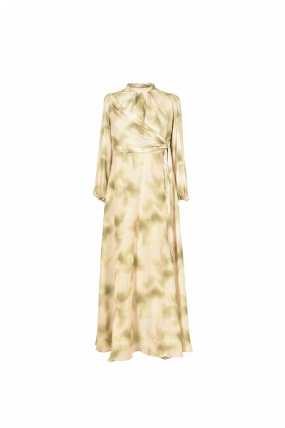 Modest Green Tie-Dye Wrap Maxi Dress With Long Sleeves
