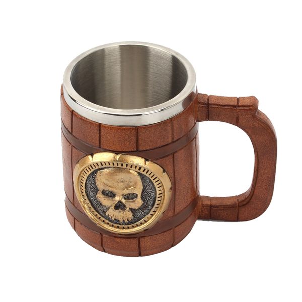 600ml Wooden Barrel Style Stainless Steel Resin Skeleton Beer Mug
