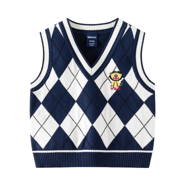 Blue Embroidered Lion Argyle Sweater Vest for Boys