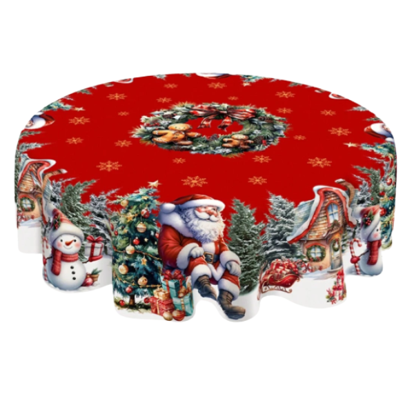 Round Merry Christmas Tablecloth - Santa Clause , Snowman and Tree 180cm