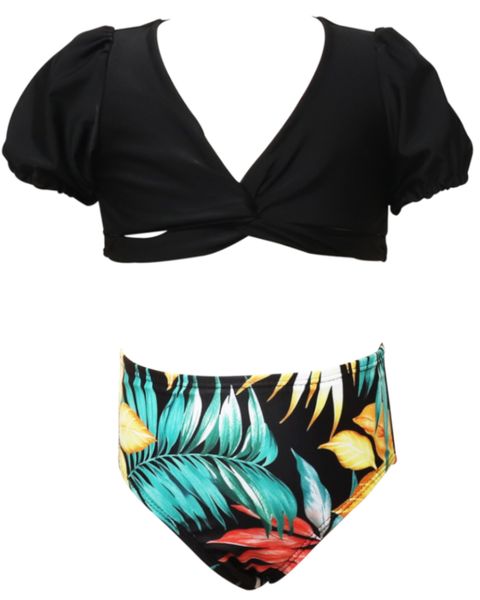 Olive Tree-Girls Bubble Sleeve Criss Cross Bikini Swimsuit-Black