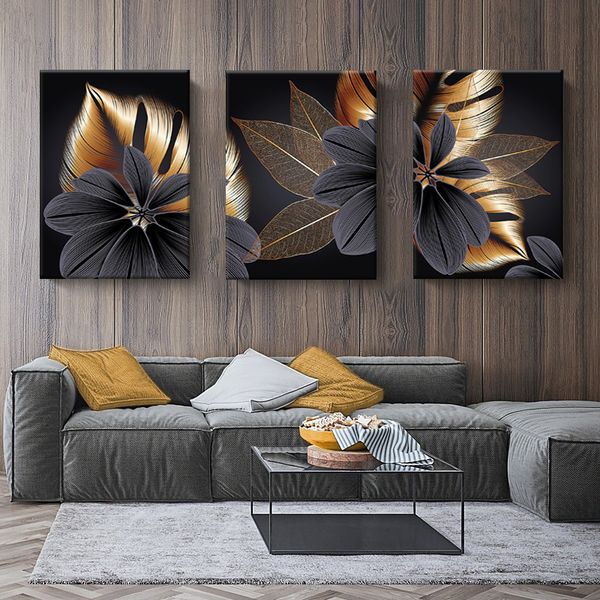 Black Golden 3-Piece Abstract Plant Leaf Canvas Print Wall Art Decor