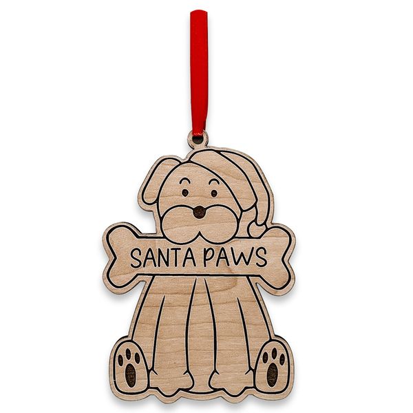 Santa Paws Wood Engraved Hanging Dog Christmas Ornament