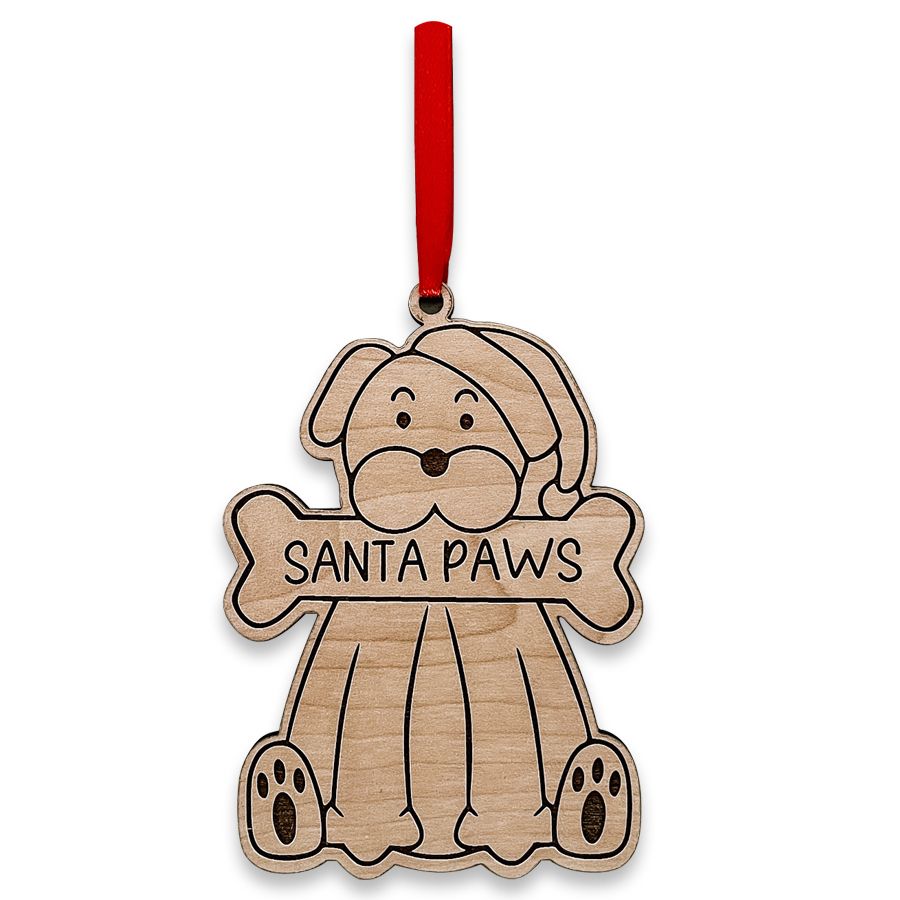 Santa Paws Wood Engraved Hanging Dog Christmas Ornament
