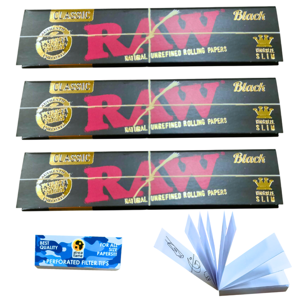 RAW Classic Black Rolling Papers 3 Booklets + 2 Africa Flame Tip Booklets