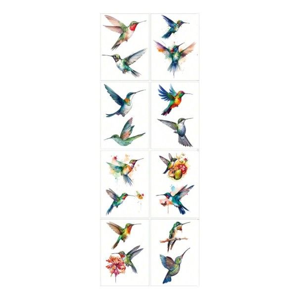 8 Colorful Temporary Tattoo Sheets With Exquisite Bird Designs - Multicolor