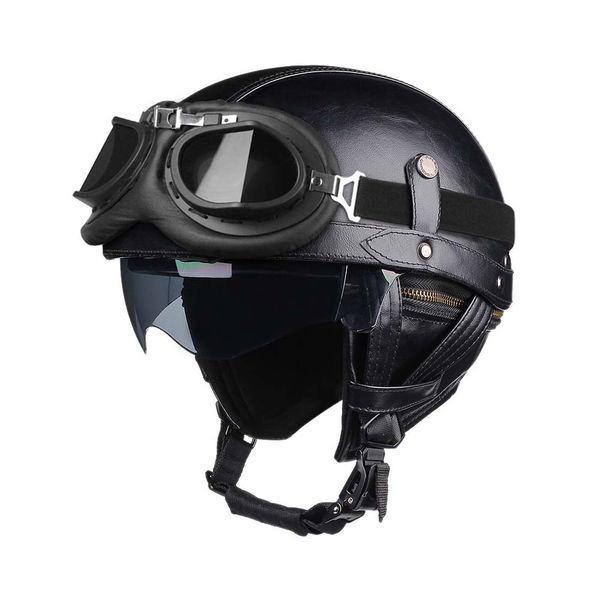 Retro Leather Motorcycle Half Helmet with Safety Detachable Scarf Sun Visor
