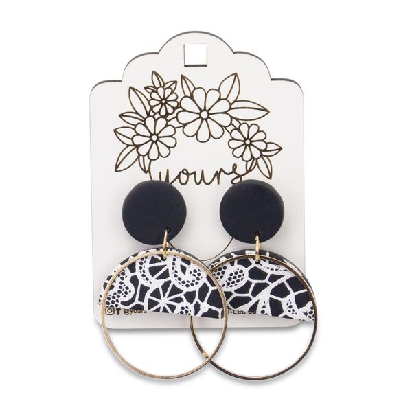 Yours - Hanging Earrings - White Lace - Black - Gold-Plated Hoop - Resin