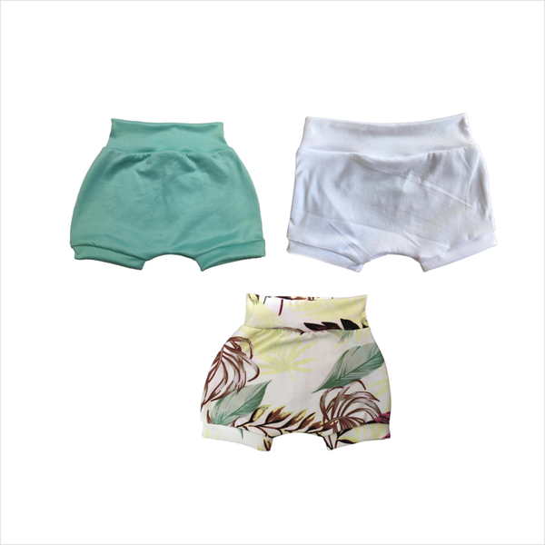 Baby Nappy Covers Harem - Teal, White &amp; Green Leaves