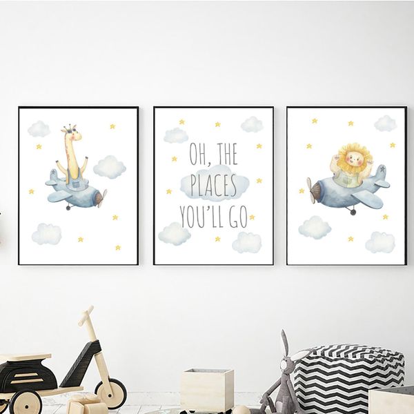 Animals in Clouds Oh the Places You'll Go To - A4 Canvas -Set Of 3