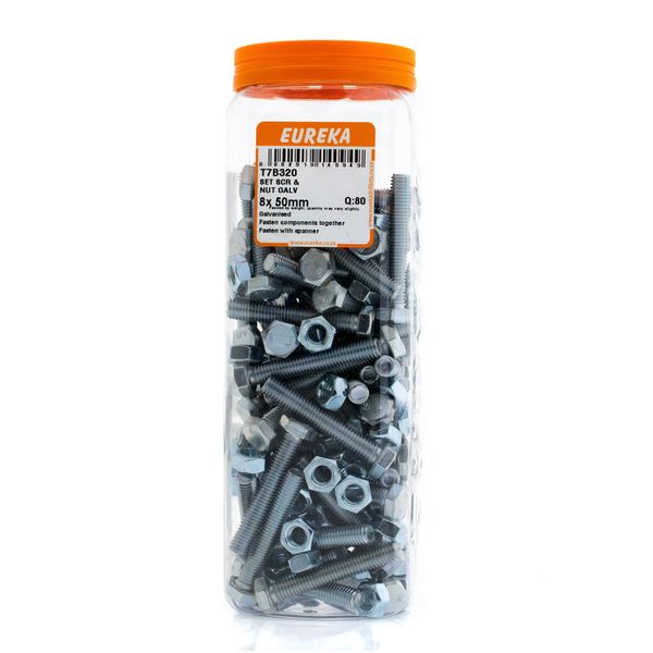 EUREKA Set Screw &amp; Nut Galvanised 8 x 50mm Q:80 T7B320