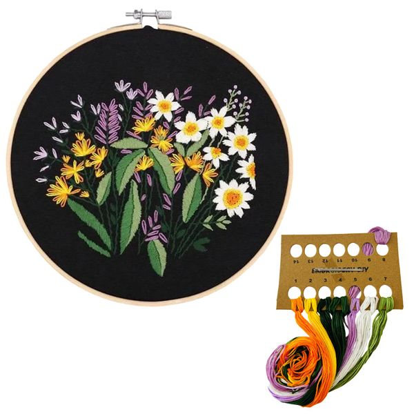 Black with Daisies and Flowers Embroidery Sewing DIY Craft Kit