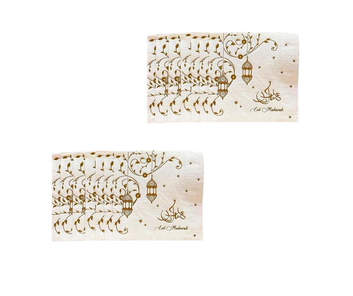 2 Pack Eid Mubarak Table Serviettes White &amp; Gold Foil Print Disposable