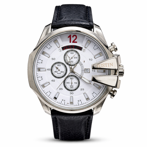 Justin Quartz Watch-Stainless Steel Case, Brown Leather Strap, Date Display