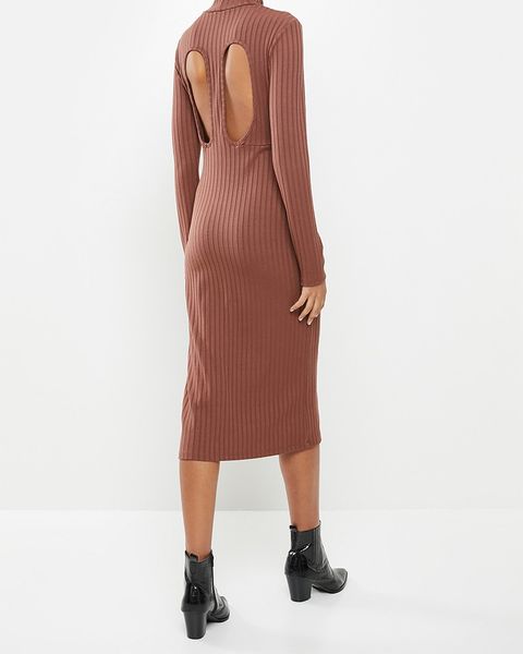 Women's VELVET Turtle Neck Rib Column Midi Dress with Cut Out Back Rose