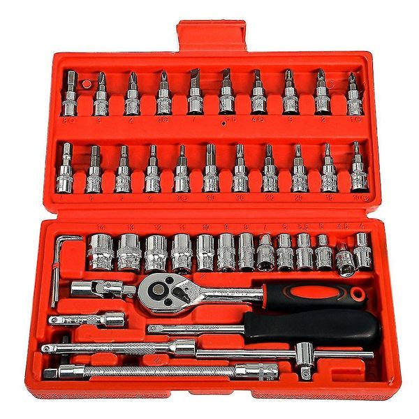 46 Piece Auto Car Repair Tool Kit Box Set Ratchet Wrench - Red