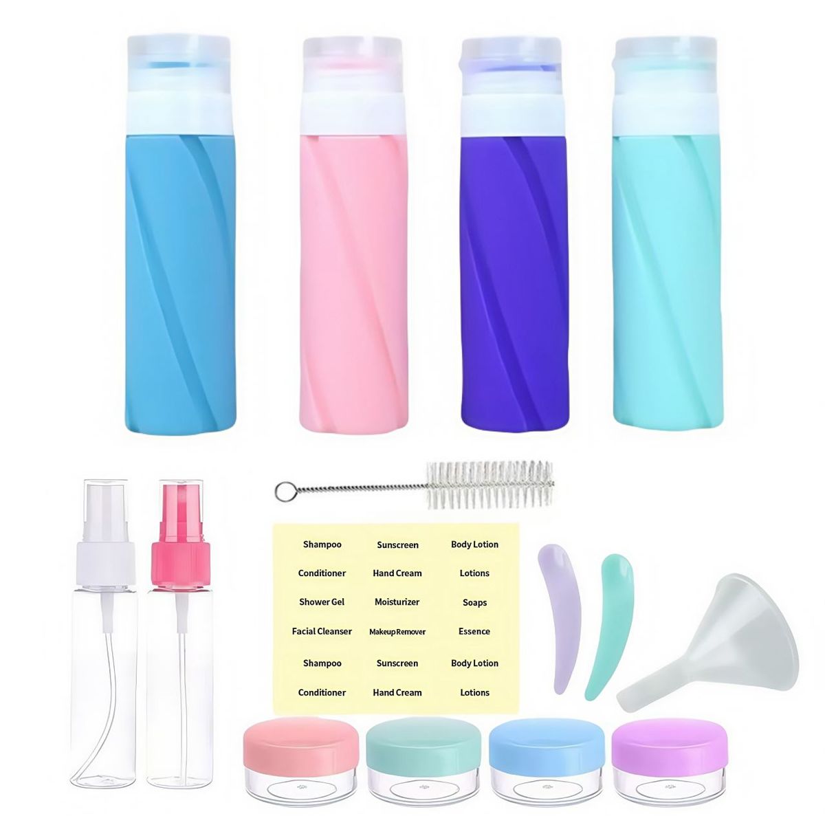 15 Pack Silicone Squeezable Travel Bottle Set Toiletry Bottles with Labels