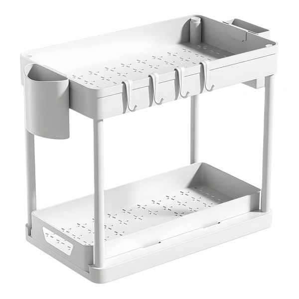 2-Tier Double Sliding Under Sink Organizer W/2 Cup 4 Hooks Kitchen Storage