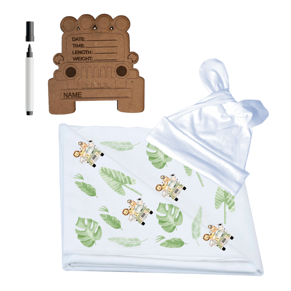 Swaddle - Beanie &amp; Truck Birth Ann Sign - White with Safari Prints