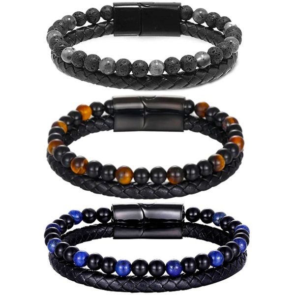 3 Pieces Men Bracelets Set - Tiger Eye Beaded Bracelets for Valentine's Day