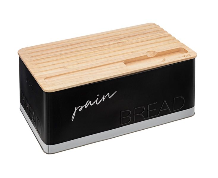 5Five Simply Smart Black Bread Box Tinplate/Hevea with Stainless Steel Lid