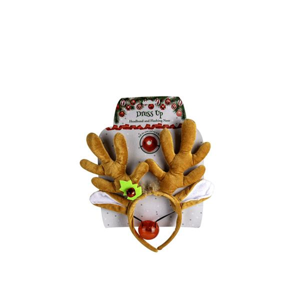 Xmas Reindeer Dress Up Head Band &amp; Flashing Red Nose