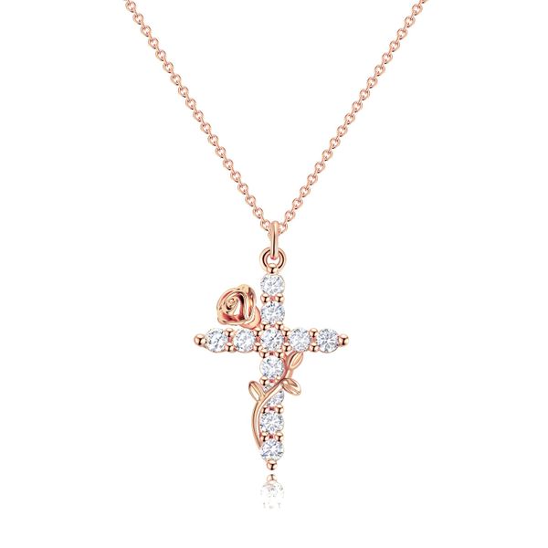 Cross Rose Cz Pendant Necklace