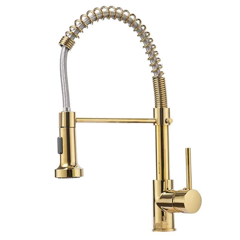 Luxury Gold Kitchen Tap Brass Single Lever Pull Out Spring Spout Mixer ...