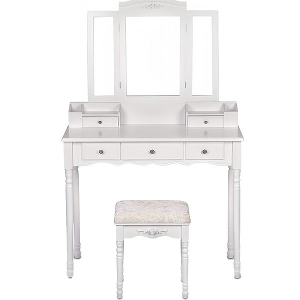 Dressing Table Stool Set Vanity Desk Makeup Mirror Jewelry Storage Drawer