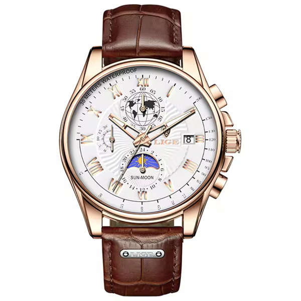 LIGE - Men Luxury Chronograph Leather Strap Formal Watch - Silver Black