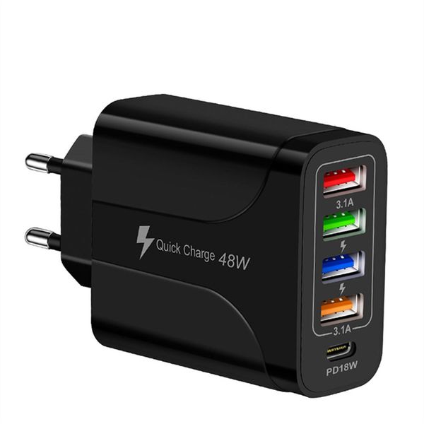 48W Wall Charge - 4 USB Port With 1 USB-C Port - Black