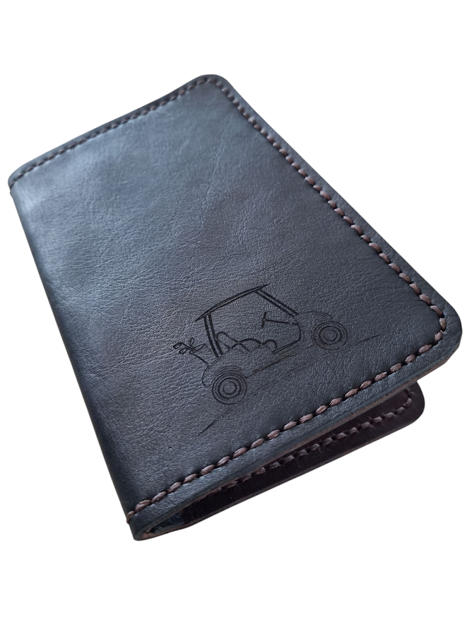 Golf Score Card Holder - Genuine Leather - Laser Engraved With Golf Cart