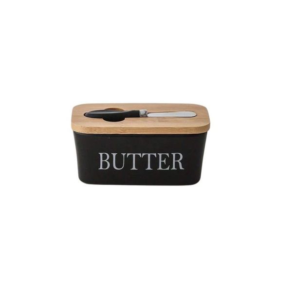 Ceramic Butter Dish with Wooden Lid and Knife