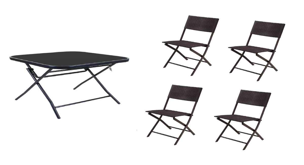 Patio Foldable Glass Table with 4 Rattan Chairs Set (Black) Buy