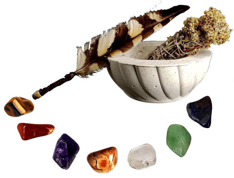 Smudge Bowl&amp;Smudge Wand -Owl Smoke Feather Fan&amp;7 Chakra stones