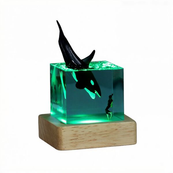 ZELTRYN Orca Killer Whale Resin Ornament with RGB Wooden Light Base