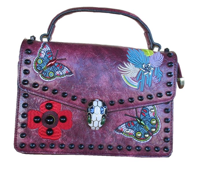 Deep Purple Imitation Leather Handbag with Embroidery and Skull Clasp