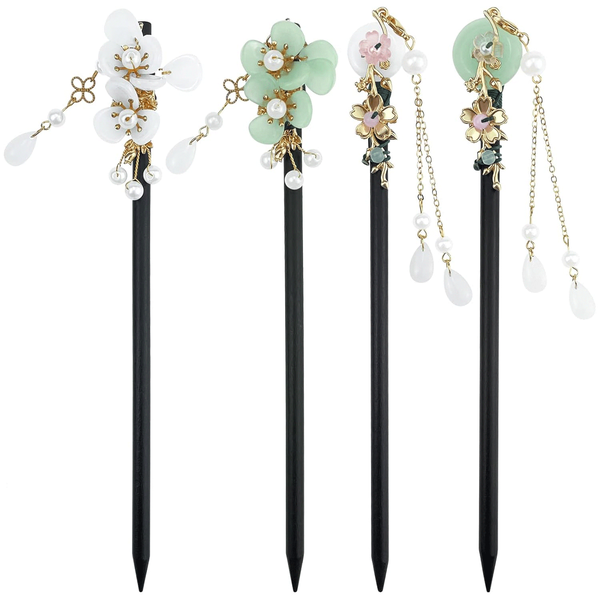 Hair Sticks - Resistant Wood with Glass Beads and Metal Decorations - 4 Pack