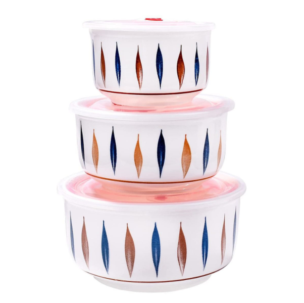 3 Pcs Ceramic Bowl With Lid Food Storage Container - White
