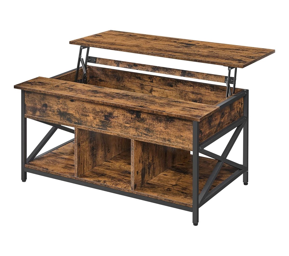 Rustic Lift-Top Coffee Table - Hidden Storage & Open Shelves