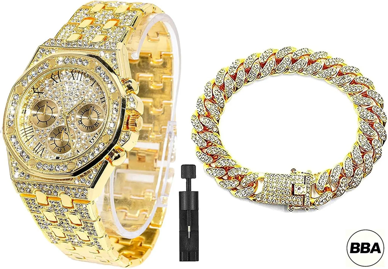 BBA-Gold-Plated Diamond Quartz Watch, 40mm, Roman Numeral Dial