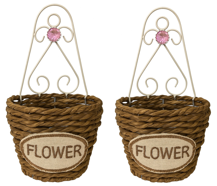 2pcs Hanging Woven Flower Basket with Decorative Metal Frame &amp; Pink Gem
