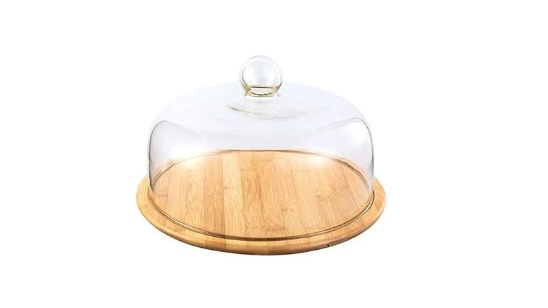 Wooden Cake Stand with Clear Glass Dome for Cakes 28cmX15cm